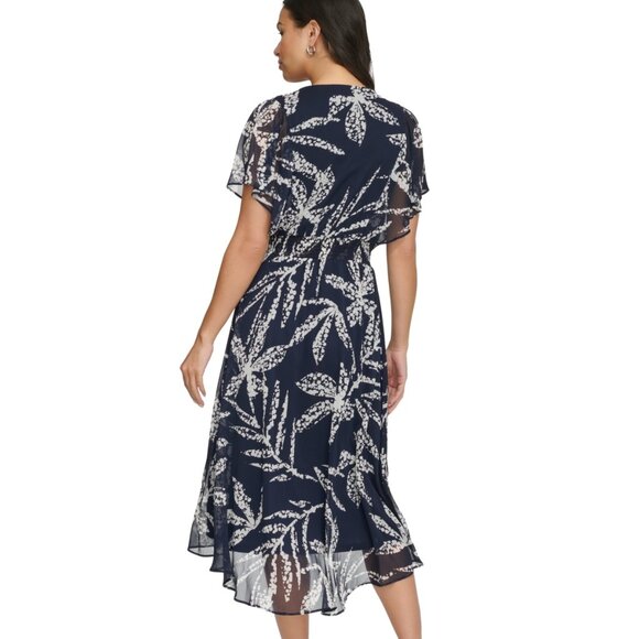 DKNY Printed Chiffon Flutter-Sleeve Midi Dress | Navy/Ivory | NWT | Size 2 - Picture 4 of 7